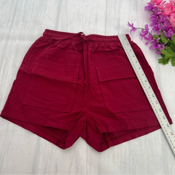 Women’s Drawstring Linen Summer Burgundy with 2 Pockets Shorts size S - Picture 3 of 8